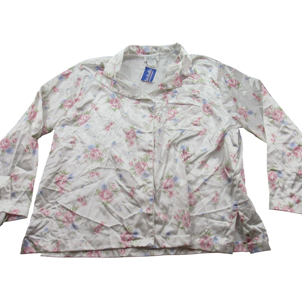 Character Womens XL Pajama Top Shirt White Pink Blue Floral Satin Button Down‎